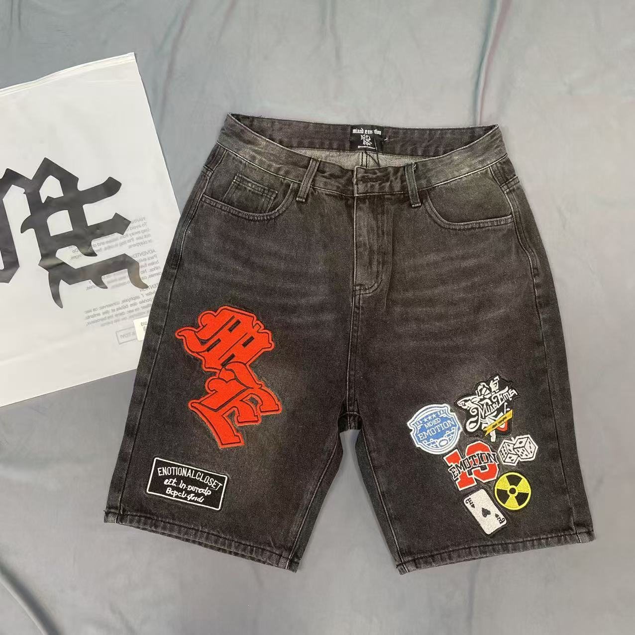 Charcoal Gray Red Gothic Collage Denim Shorts — context